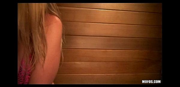  Blonde bombshell with big natural-tits masturbates in the sauna